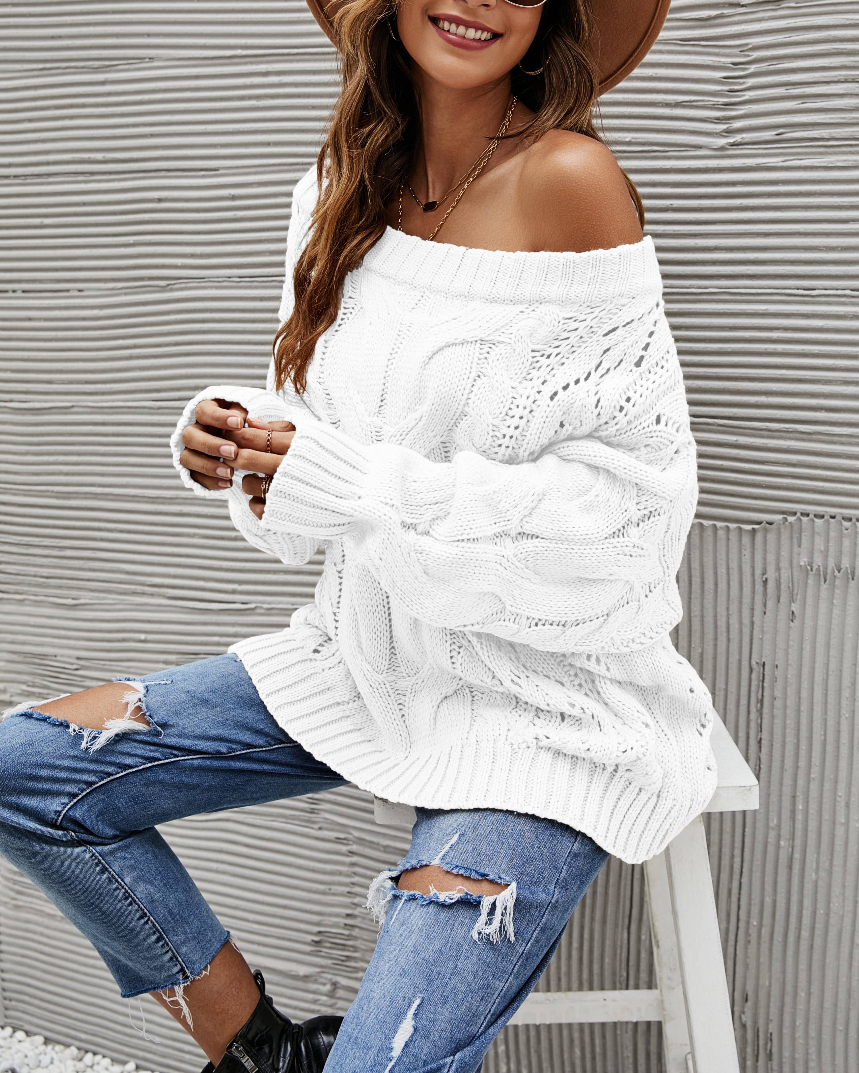 Rosa Clothing - Wholesale Tunic Sweater - Women's - Straight-Neck Off-The-Shoulder Pullover Sweater1