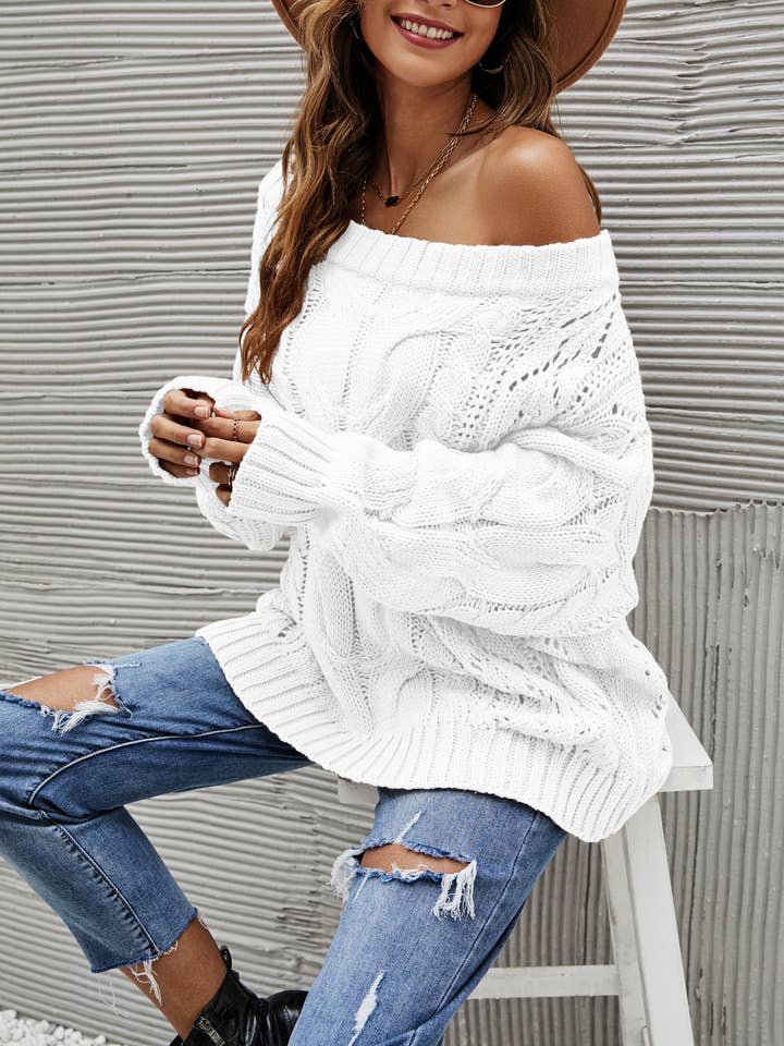 Rosa Clothing - Wholesale Tunic Sweater - Women's - Straight-Neck Off-The-Shoulder Pullover Sweater1