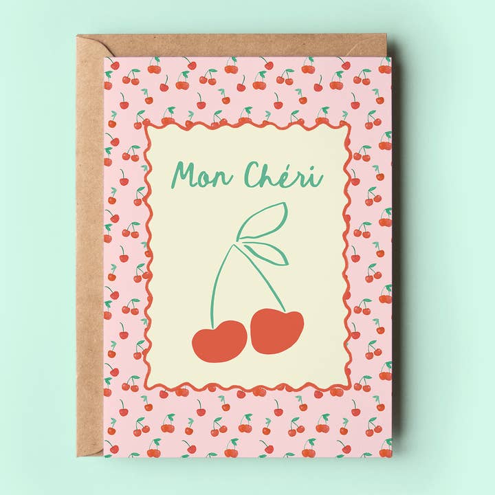 Mon Chéri Cherry Greeting Card for wholesale by The Shelley Society