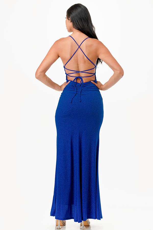 La Scala - Wholesale Dress - Women's - Glittered ITY Back lace up mermaid dress with waist shirring36