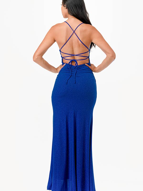 La Scala - Wholesale Dress - Women's - Glittered ITY Back lace up mermaid dress with waist shirring36