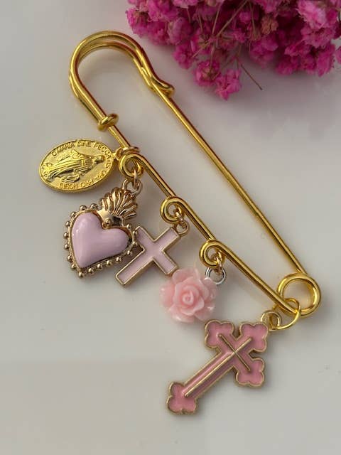 Miss DJ Angel - Wholesale Brooch - Ex-voto brooch, religious medal cross brooch, cross gift for mom, cross gift for woman, pink cross charm0