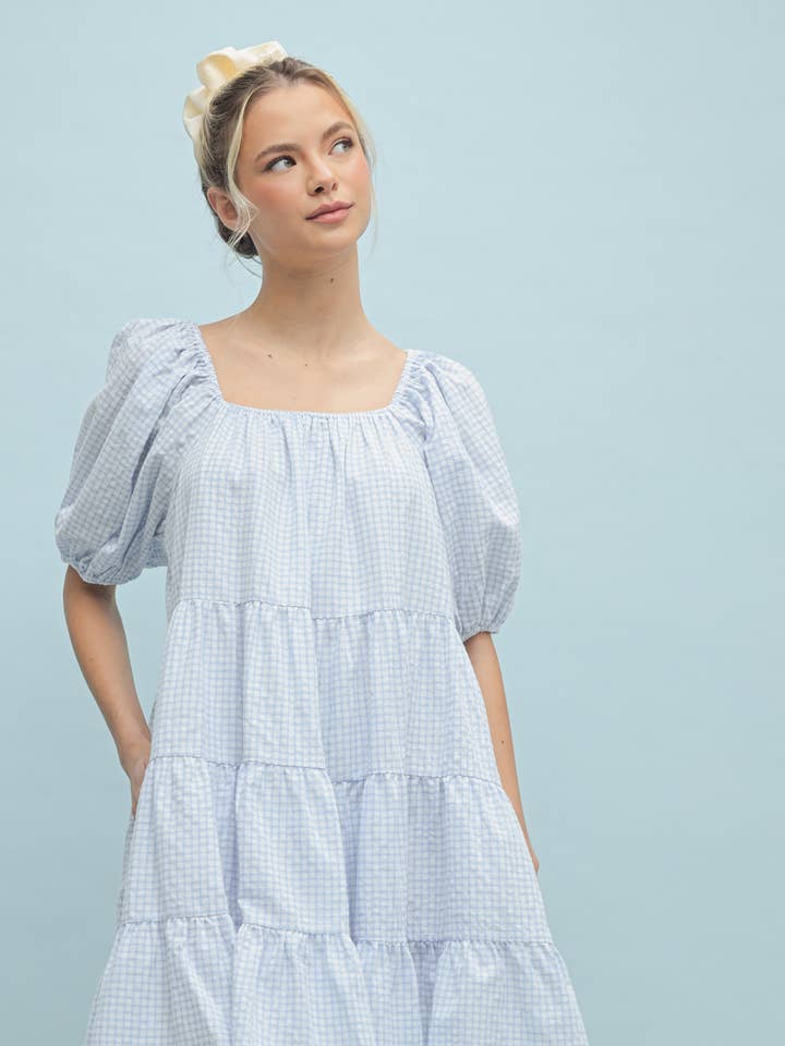 PLAID PUFF SLEEVE TIERED MINI DRESS / WL24-9790 for wholesale by Wishlist Apparel