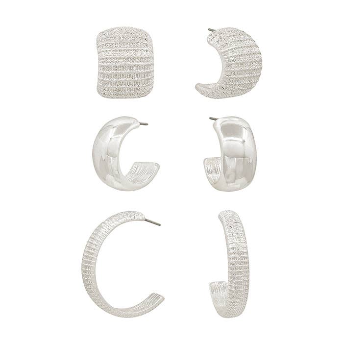 Silver Set of 3 Textured and Satin .5", .75" Hoop Earrings for wholesale by What's Hot