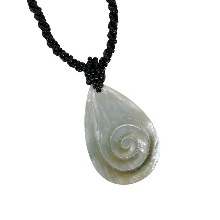 Carved Shell Pendant Beaded Necklace Teardrop Swirl for wholesale by Maka Imports