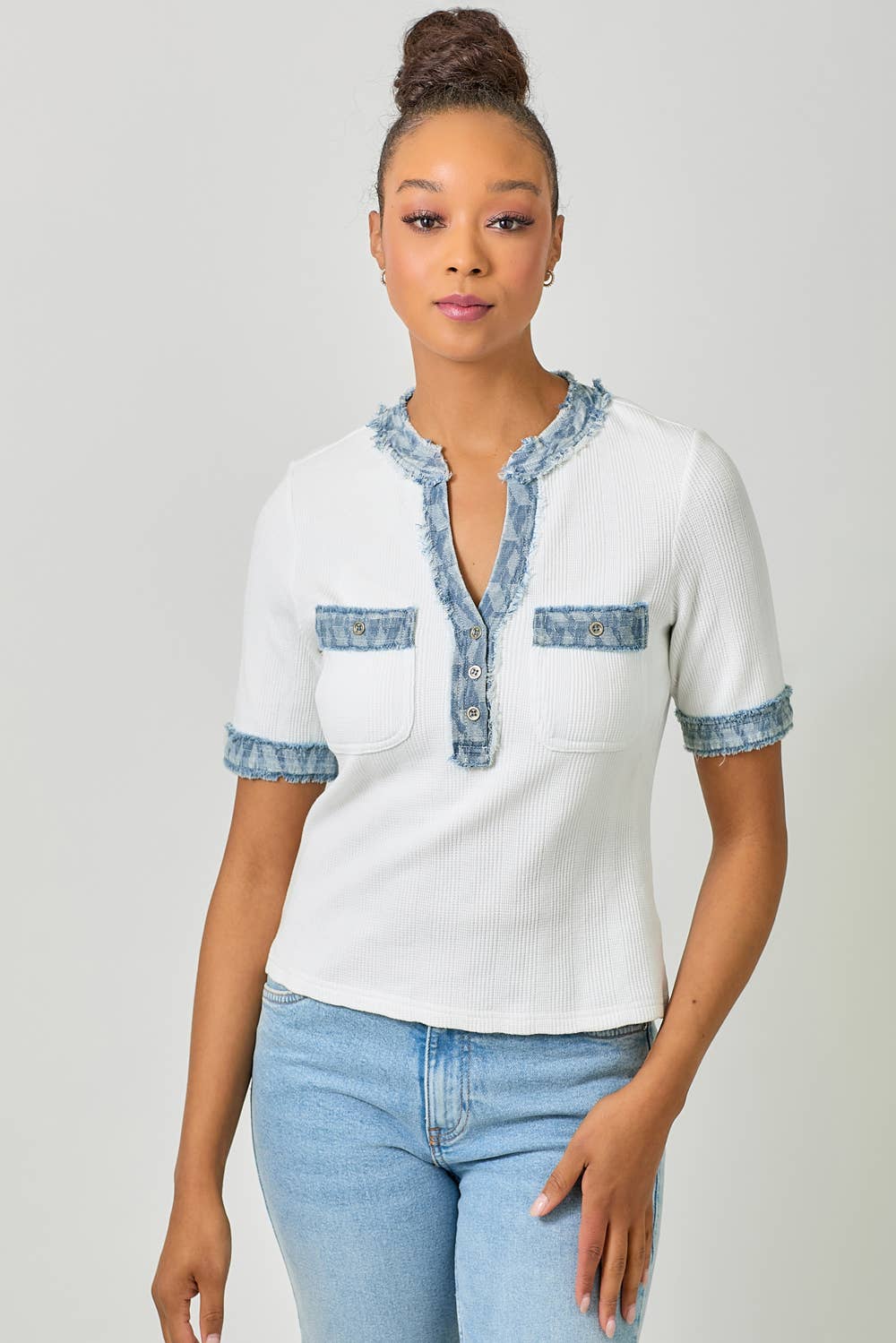 Mystree - Wholesale Blouse - Women's - 60981 Frayed Denim Trim Top 29