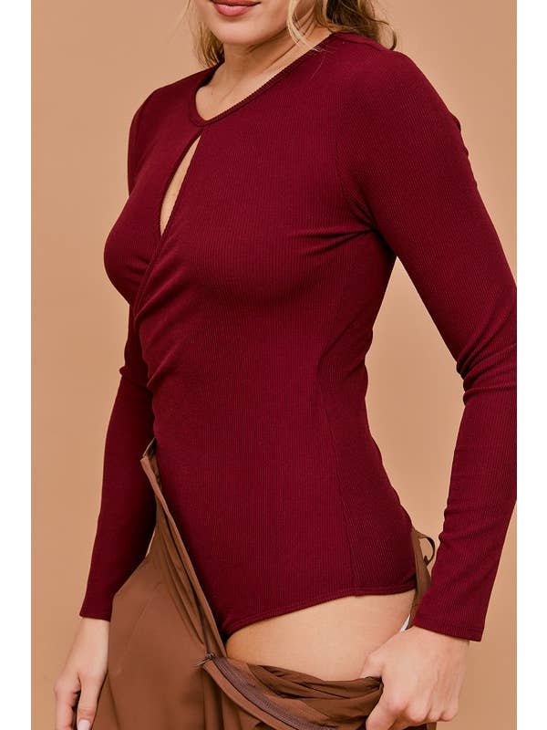 Burgundy LONG SLEEVE WRAP SIDE SHIRRING BODYSUIT for wholesale on Faire6