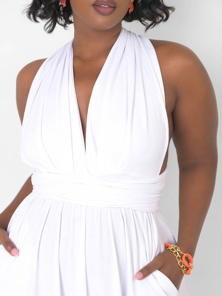 White Dreamy Sleeveless V Neck Multiway Skater Maxi Dress W. Pockets for wholesale on Faire17