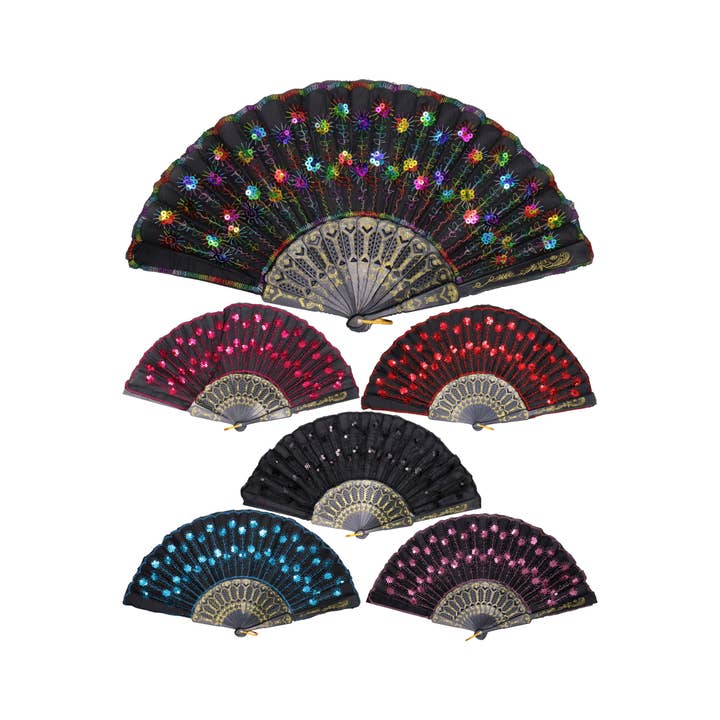 Assorted Black Floral Sequins Hand-held Folding Fan for wholesale on Faire