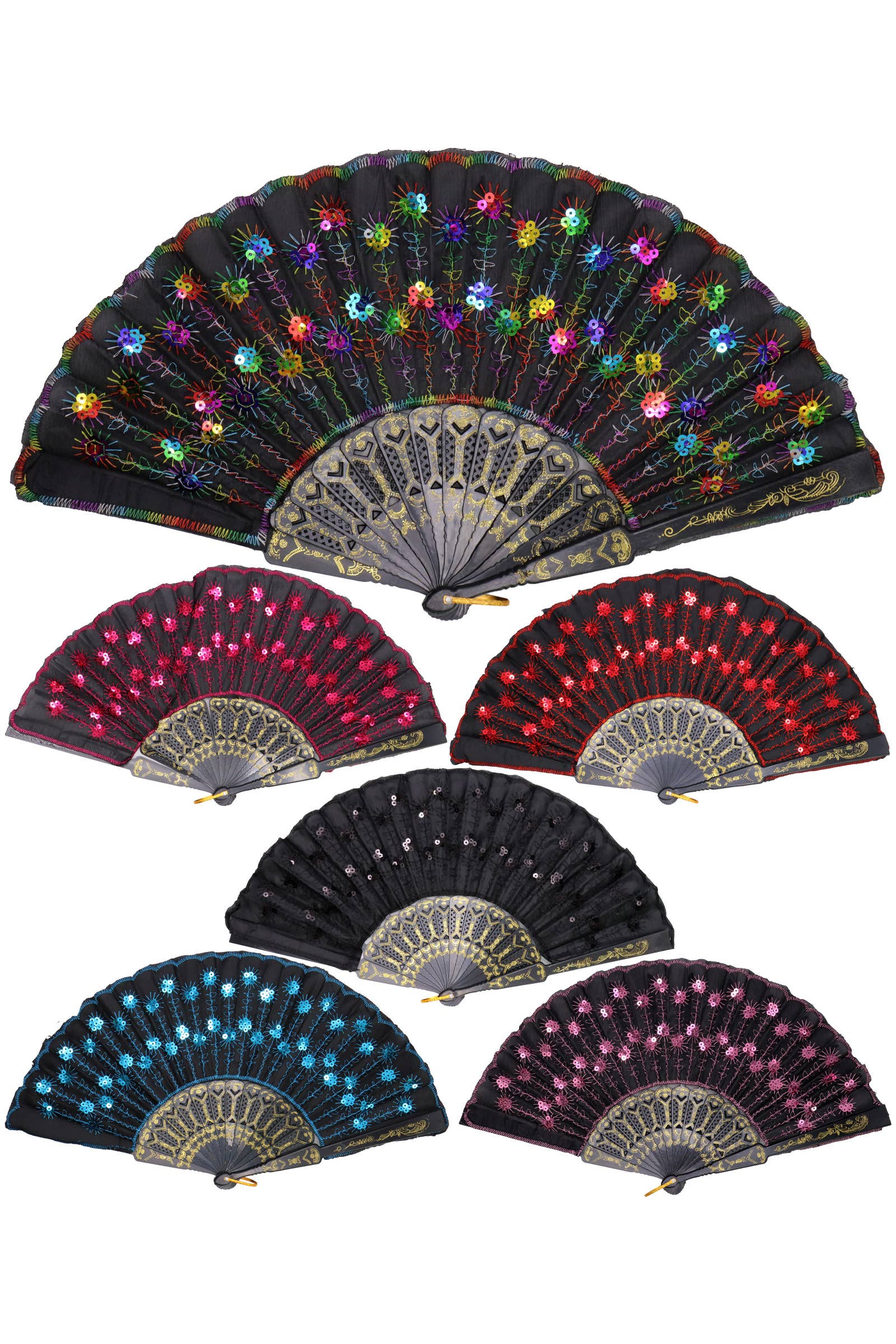 Assorted Black Floral Sequins Hand-held Folding Fan for wholesale on Faire