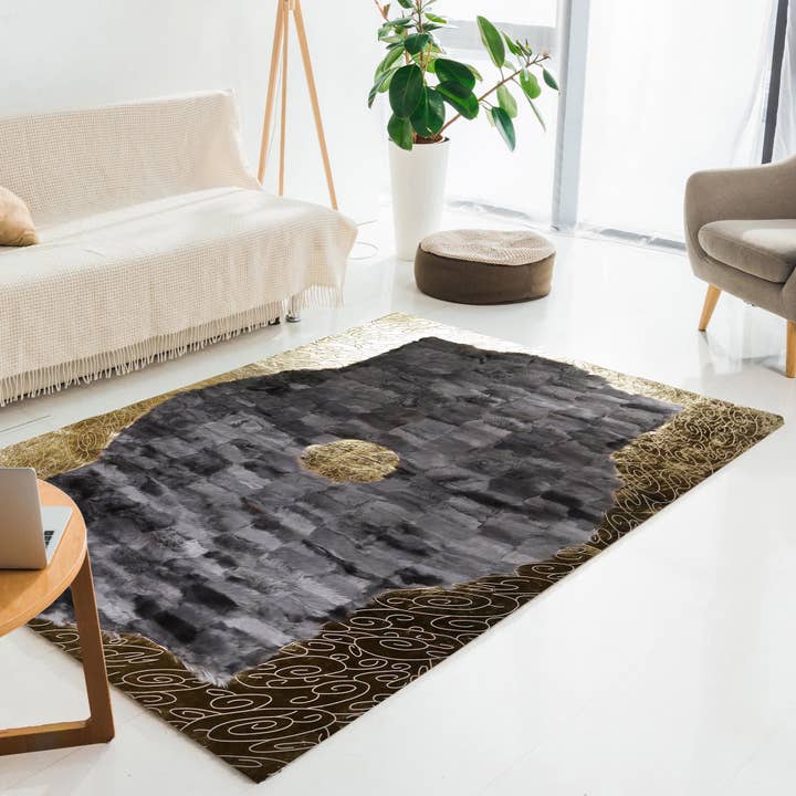 Black Tuscan Leather Rug with Gold Swirl Border Handmade Luxury Area Rug for wholesale by Karelias And Sons