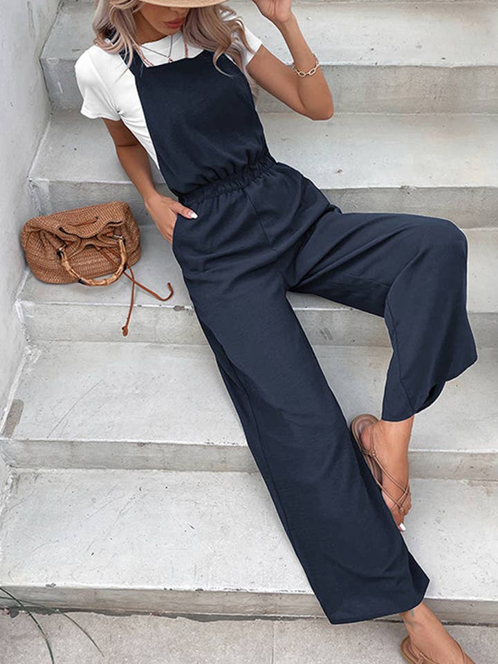 NAVY DRAWSTRING WAIST WOMEN JUMPSUIT WITH POCKETS_CWSJS0140 for wholesale on Faire