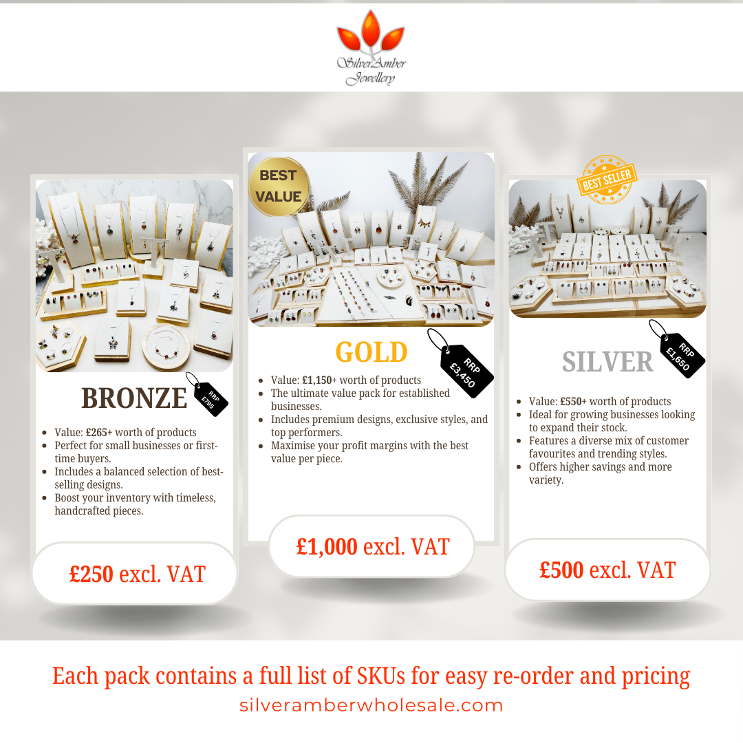 SilverAmber Jewellery - Wholesale Jewelry Set - 925 Sterling Silver & Genuine Baltic Amber Jewellery Starter Pack - SP14