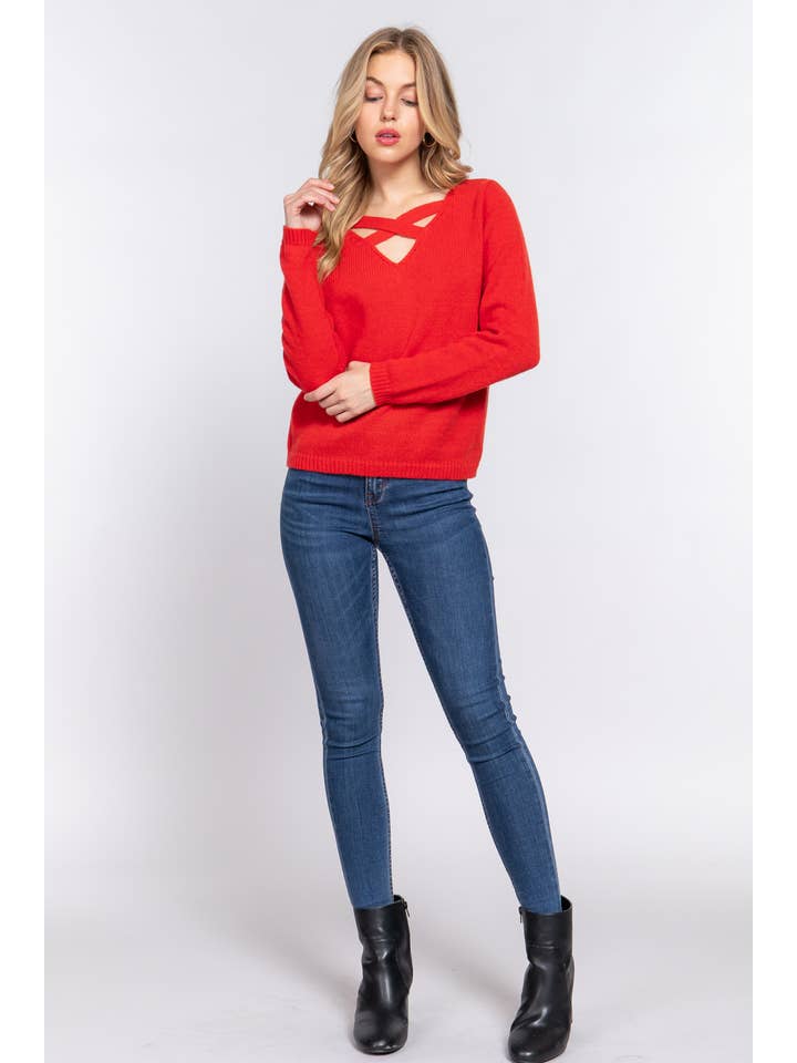 Active Basic | Active USA - Wholesale Knit Sweater - Women's - Long Sleeve V-neck With X Strap Sweater3