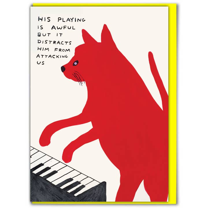 David Shrigley x Brainbox Candy - Wholesale Everyday Greeting Card - Funny Greetings Card By David Shrigley - Piano Playing Cat