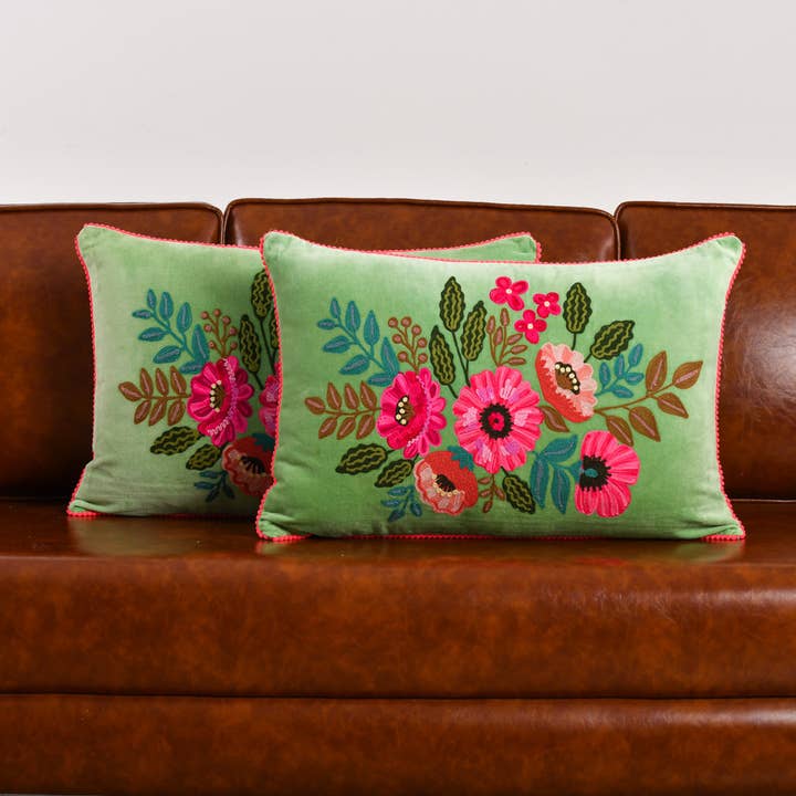 Karma Living - Wholesale Throw/Decorative Pillow - 2ABFLCC707_AQ SET/2 AQUA VLVT FLORAL PILLOW 16x24"2