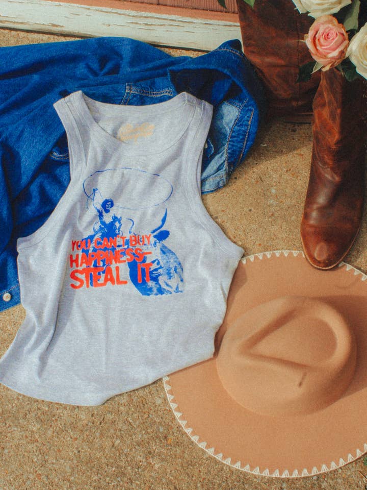 Can't Buy Happiness, Western Micro-Ribbed Cropped Tank for wholesale by The Clandestine Underground