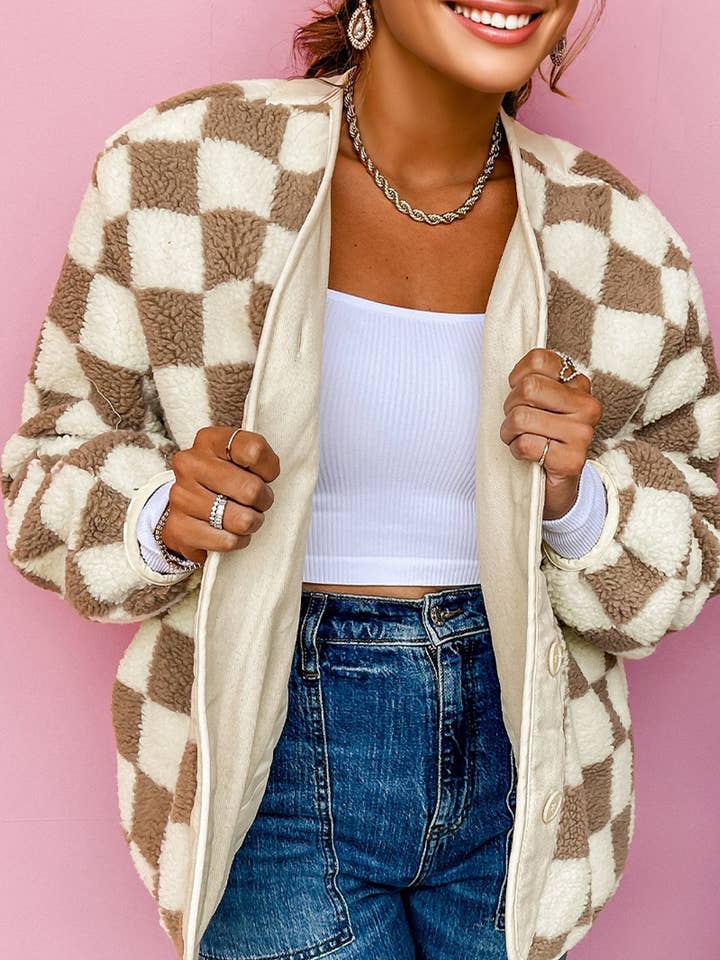 Brown Checkered Sherpa Buttoned Front Chunky Jacket for wholesale on Faire0