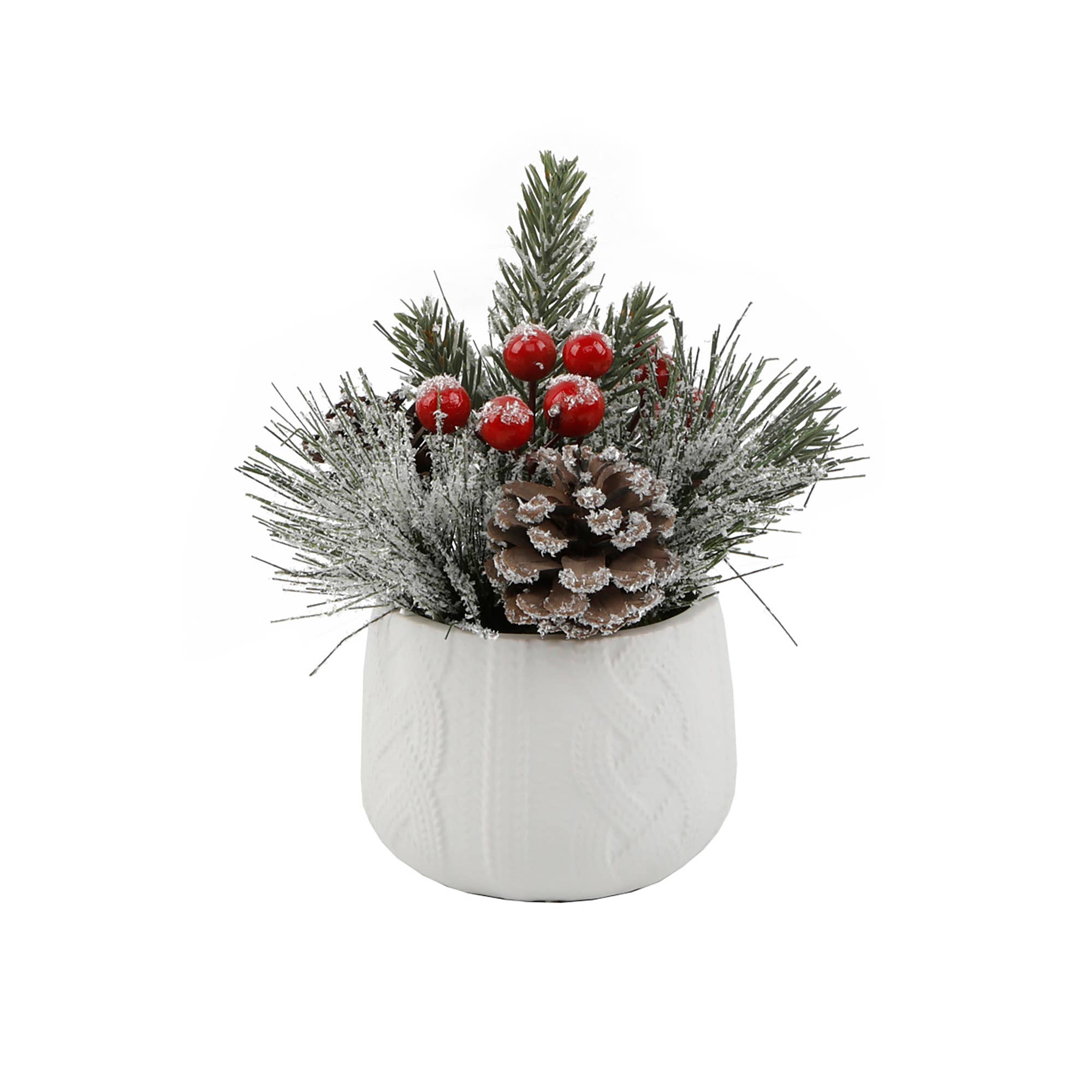 Flora Bunda Inc – wholesale Artificial plant – Frosted Pine & Berry Arrangement in White Knit Ceramic Pot