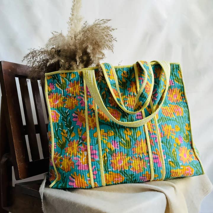 Block Printed and Handmade floral tote bag with zipper  for wholesale by Desi design and chai