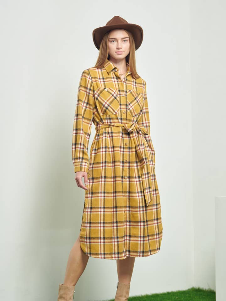 ROBE-CHEMISE LONGUE À COL À CARREAUX 30-545A pour la vente par JADE BY JANE