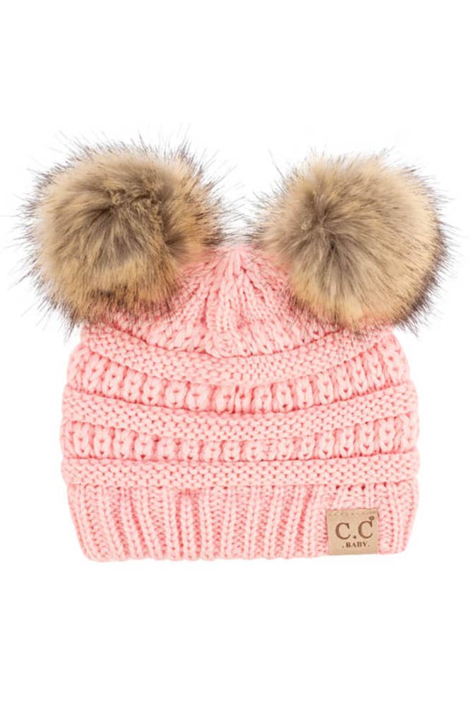 Hana – wholesale Mössa - Barn – C.C Solid Ribbed Baby Naturpäls Double Pom Pom Mössa4