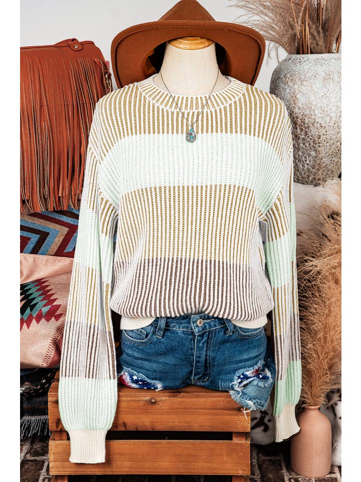 fashionworks - Wholesale Knit Sweater - Women's - Fall Colorblock Textured Knit Bubble Sleeve Sweater