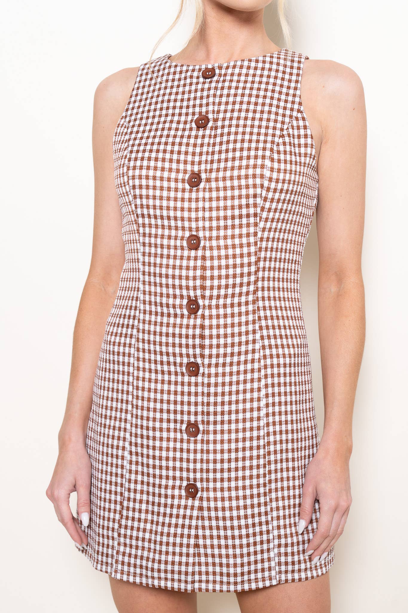 Fore Collection - Wholesale Dress - Women's - GINGHAM CHECKER BUTTON CLOSURE TANK MINI DRESS-DI9935FO2