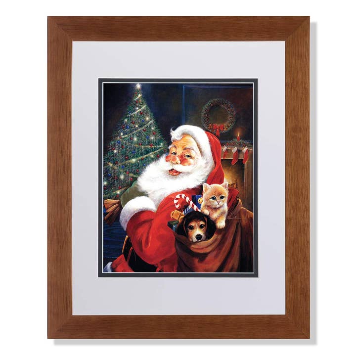 Art Prints Inc Santa Clause St Nick Christmas Toy Bag Dog and Cat W/B Matted Picture Honey Framed for wholesale by Unlimited Potential LLC
