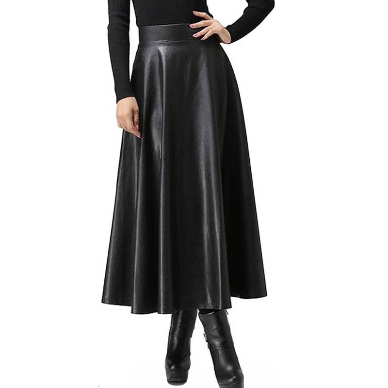 Lily Clothing - Wholesale Skirt - Women's - HIGH WAIST PU LEATHER LONG SKIRT WITH BIG SWING0