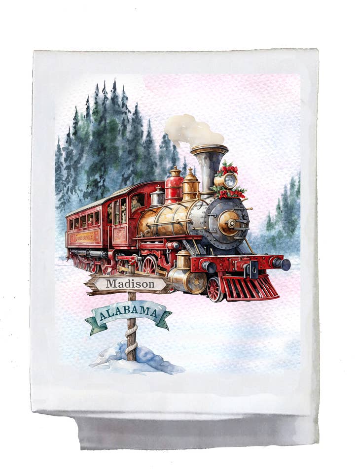 Weihnachten, Geschirrtuch, Vintage Train, Stadt und Bundesland für den Großhandel von Sassy Talkin