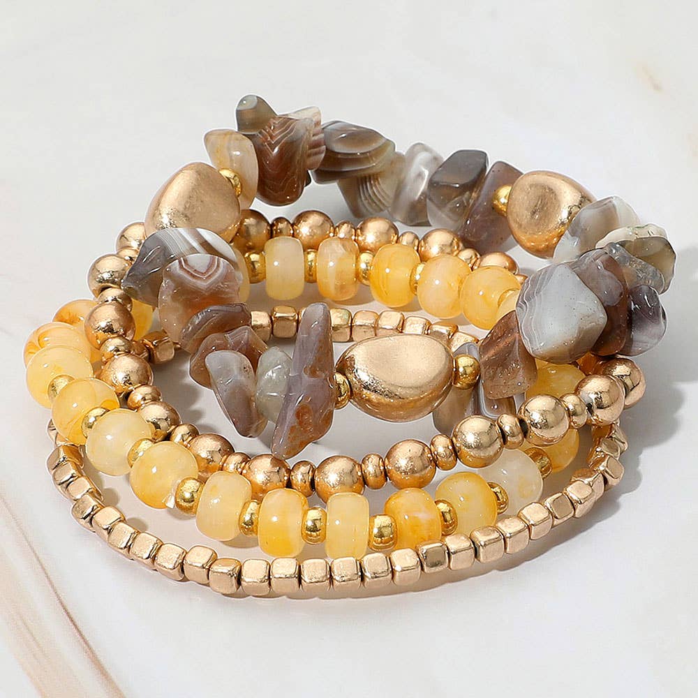 Sensibling Corp. - Wholesale Jewelry Set - 4PCS - Natural Stone Metal Ball Beaded Stretch Multi Layered Bracelets6