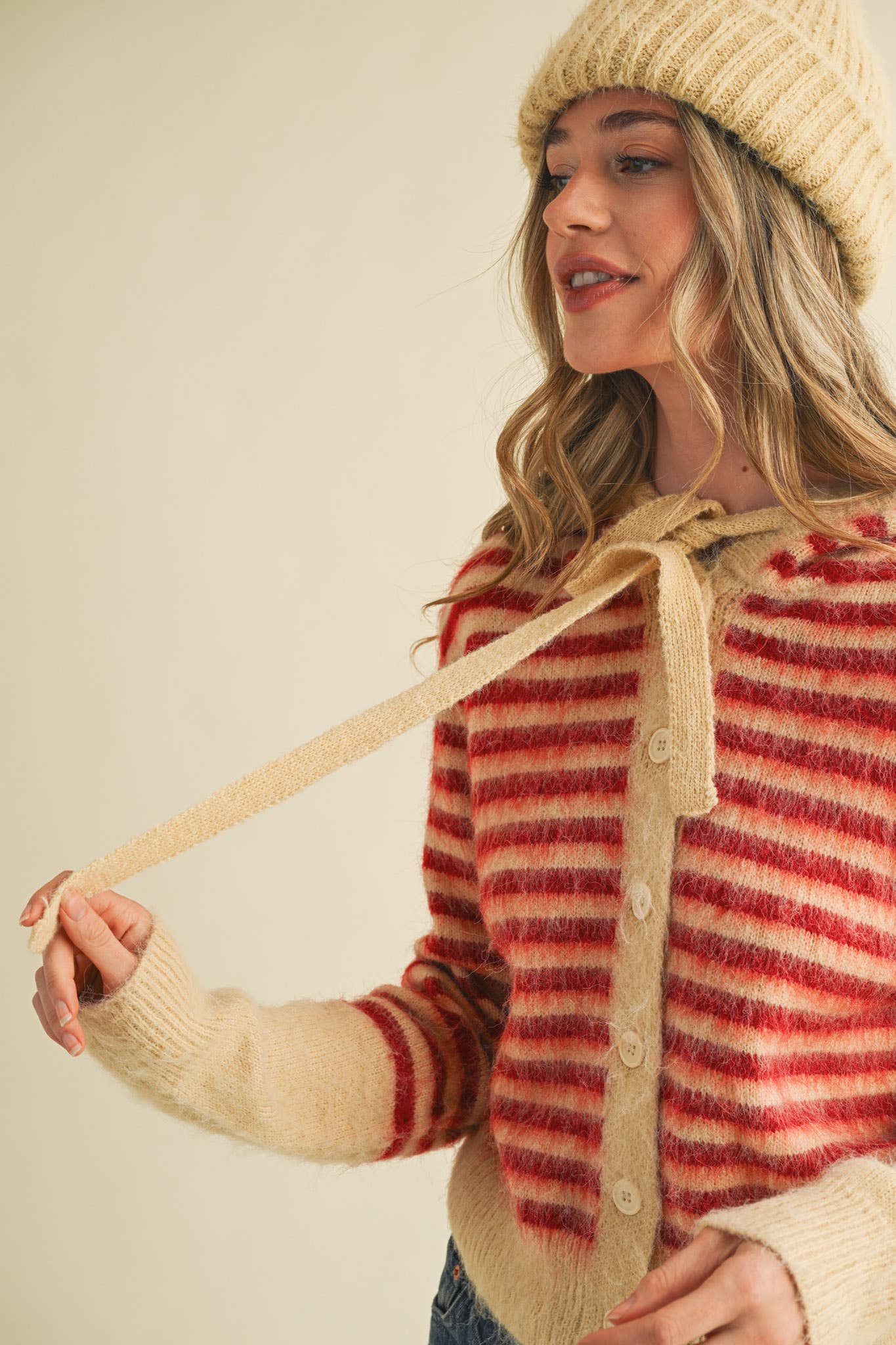 &MERCI - Wholesale Cardigan - Women's - STRIPED HOODIE SWEATER CARDIGAN MSW1106336