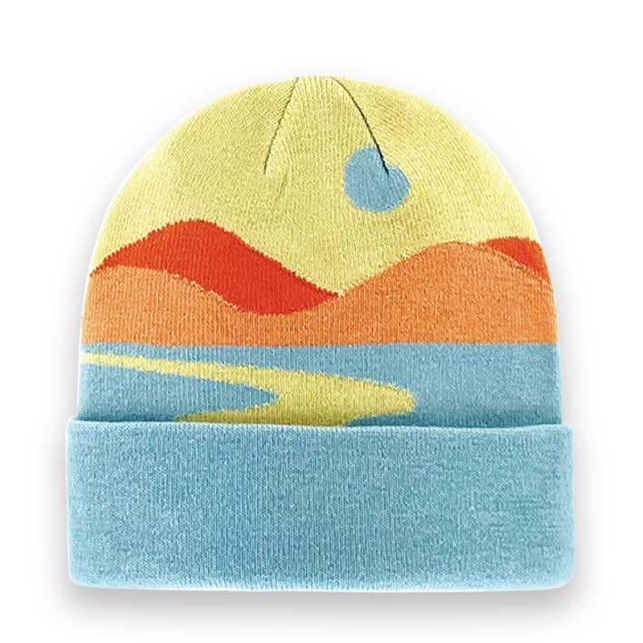 Abstract Sunset Pom Pom Knit Beanie β Warm Winter Hat with Scenic Landscape Design-NI60091 for wholesale by Northern Icons Creations INC