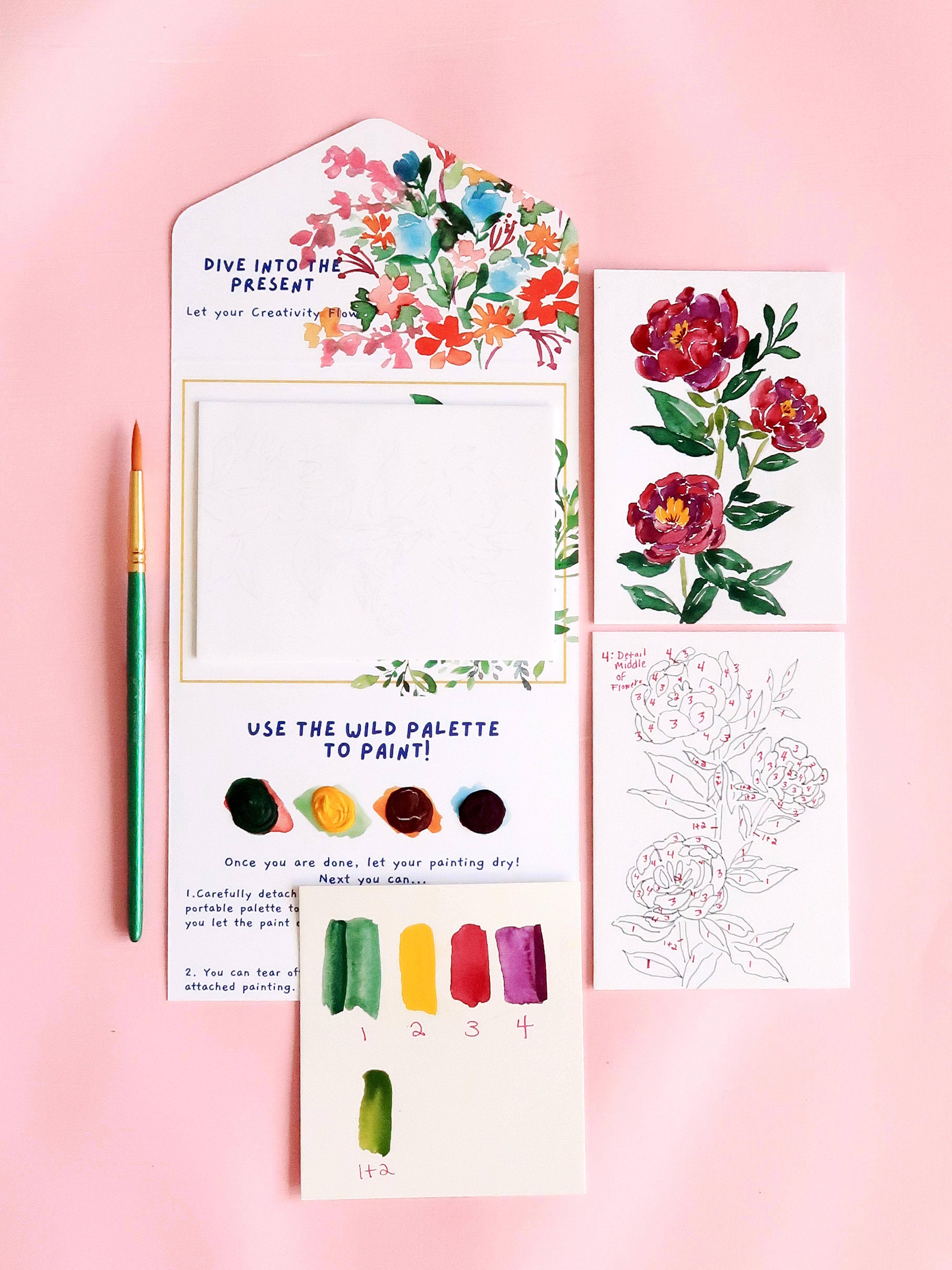 Pink Puddle Studio - Wholesale DIY Craft Kit - Peony Flower Watercolor Paint by Number DIY Kit1