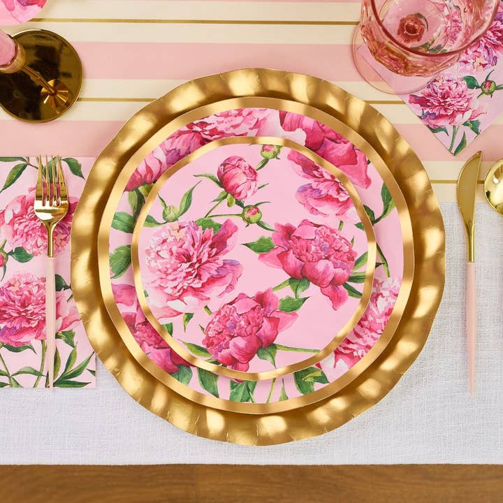 Sophistiplate - Wholesale Disposable Plate - Wavy Dinner Plate Pink Peonies - 8pkg