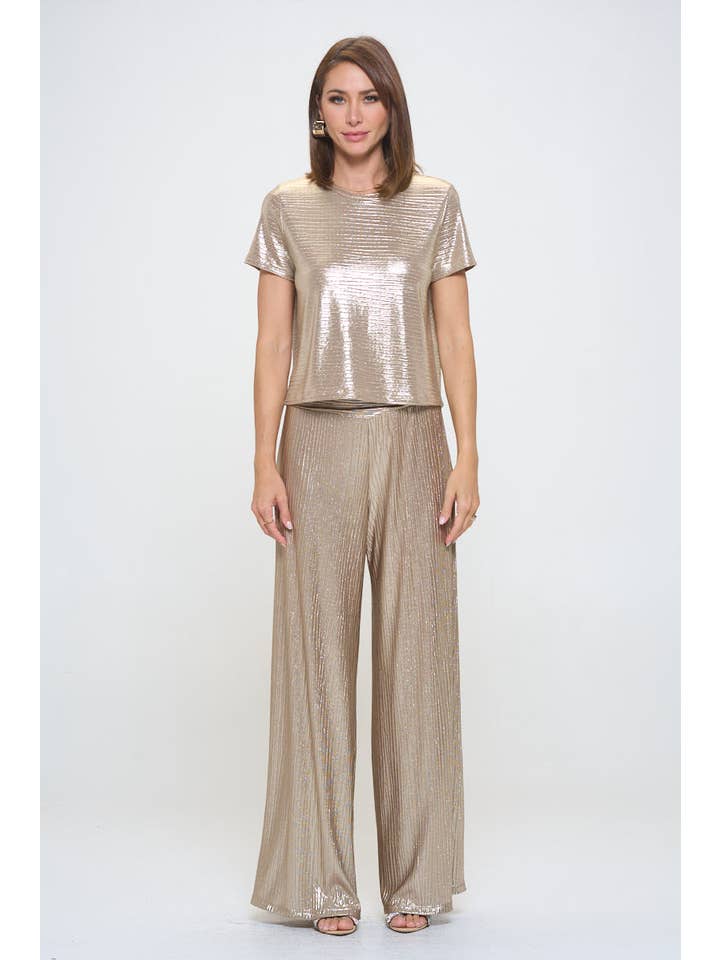 Gold Made in USA Metallic Textured Short Sleeve Top for wholesale on Faire