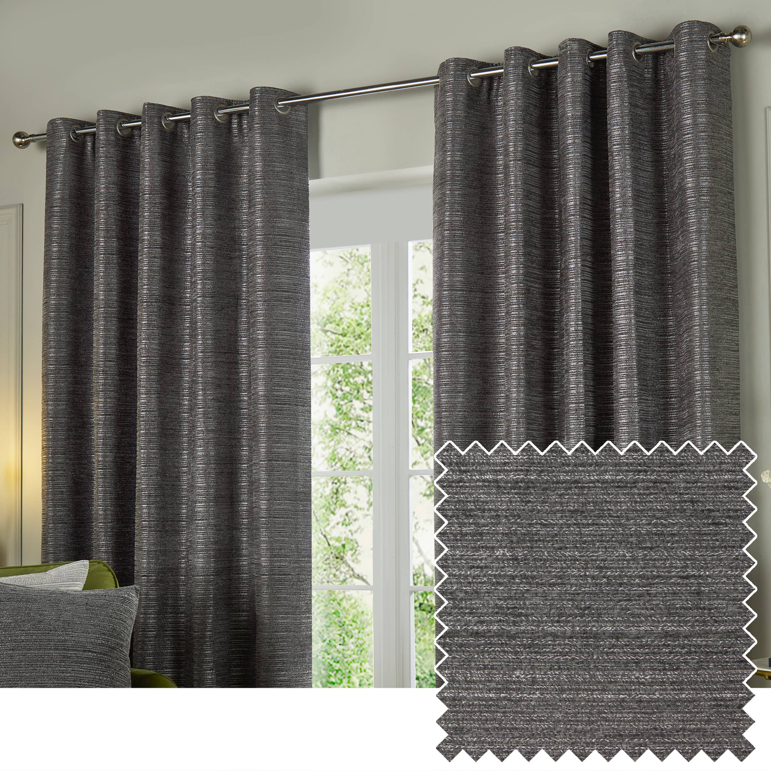 Jupiter Chenille Jacquard Eyelet Curtains Graphite for wholesale on Faire0