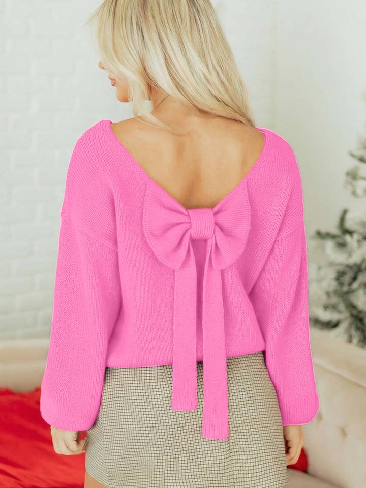 Lovesoft - Vente Pull en maille – femme - Pull noir festif à manches bouffantes et dos nu avec nœud.5