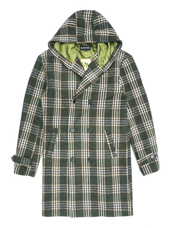 M4044 Gilbert Wool Plaid Hoodie Coat - Green for wholesale by Makobi