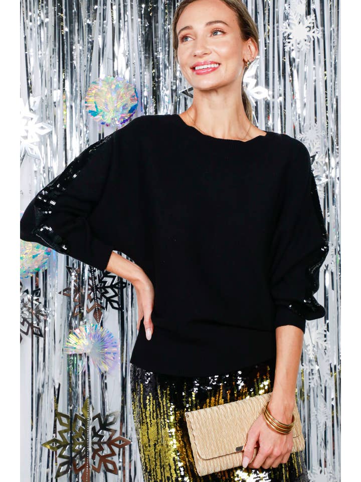 Vine & Love - Wholesale Knit Sweater - Women's - Sequin Detail Crew Neck Dolman Knitted Sweater VT82013