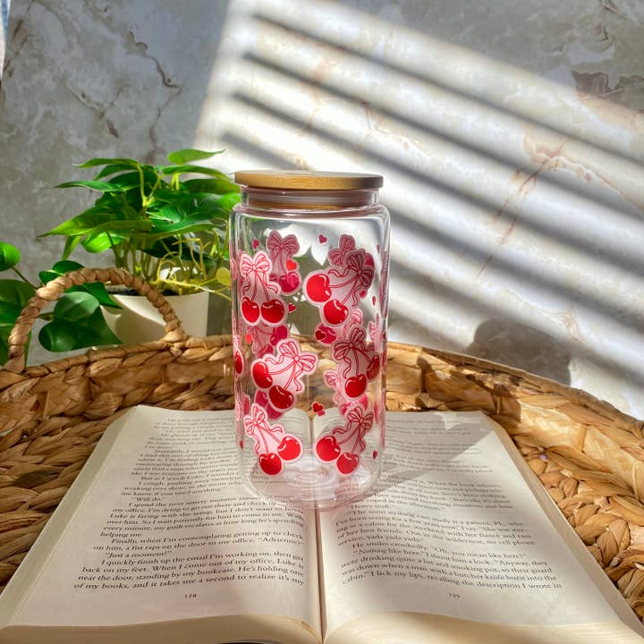 Coquette Red Cherry Bow Iced Coffee Glass Cup Lid Straw for wholesale by Emilee on Crafts