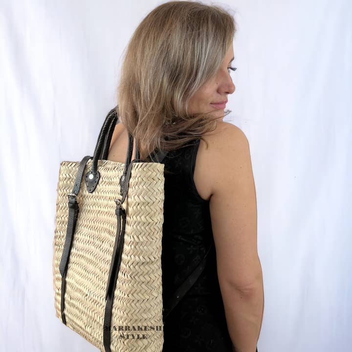 MARRAKESH STYLE - Venta al por mayor Mochila - Mujer - Mochila de paja con cuero, mochila del mercado francés