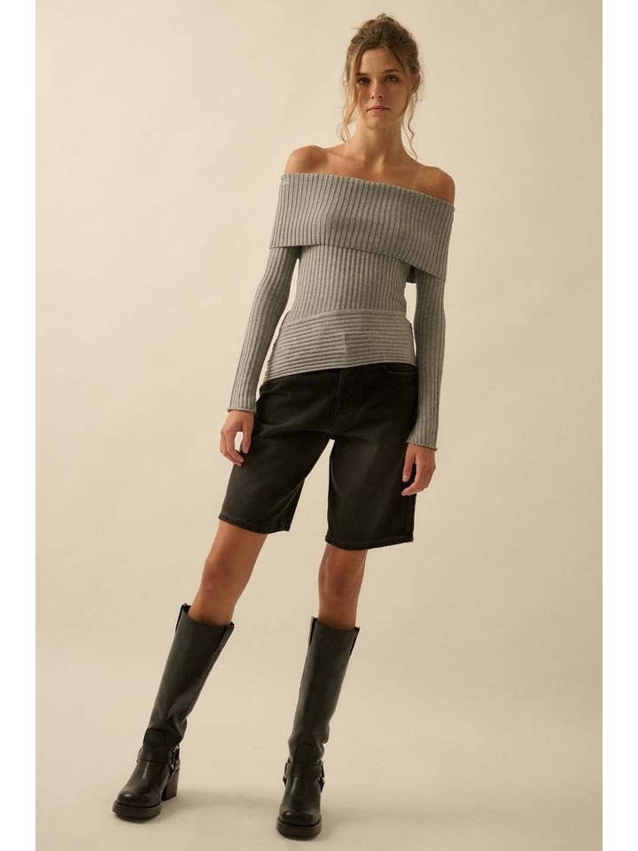 Promesa USA - Wholesale Knit Sweater - Women's - Sheer Rib-Knit Off-Shoulder Foldover Sweater8