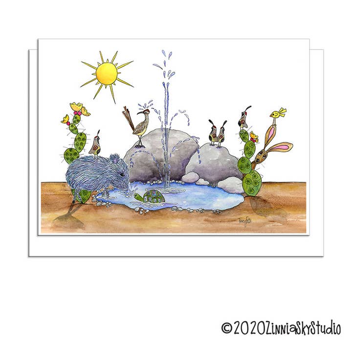 Zinnia Sky Studio LLC - Wholesale Everyday Greeting Card - Fountain Southwest Critters | Blank Card
