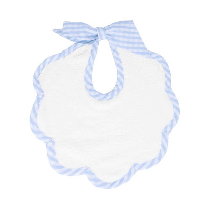 Scalloped bib | pale blue gingham for wholesale by Louelle.