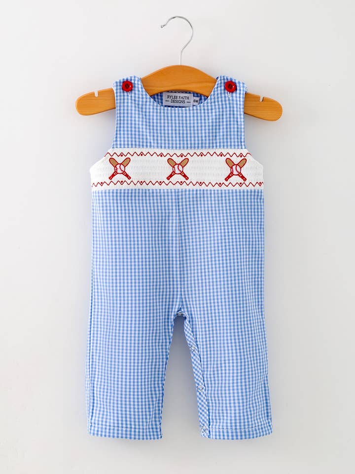 Baby Boy Baseball Smocked Romper – Blue Plaid Summer Outfit for wholesale by Rylee Faith Designs