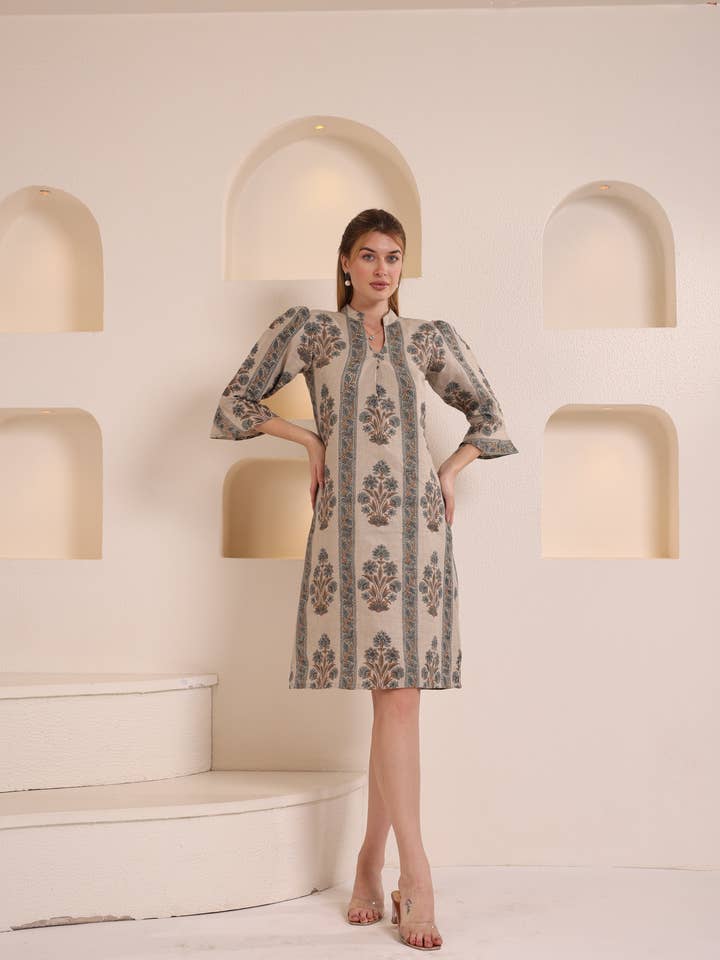 Linen Floral Block Printed One Pieces Dress for wholesale by Fabthread