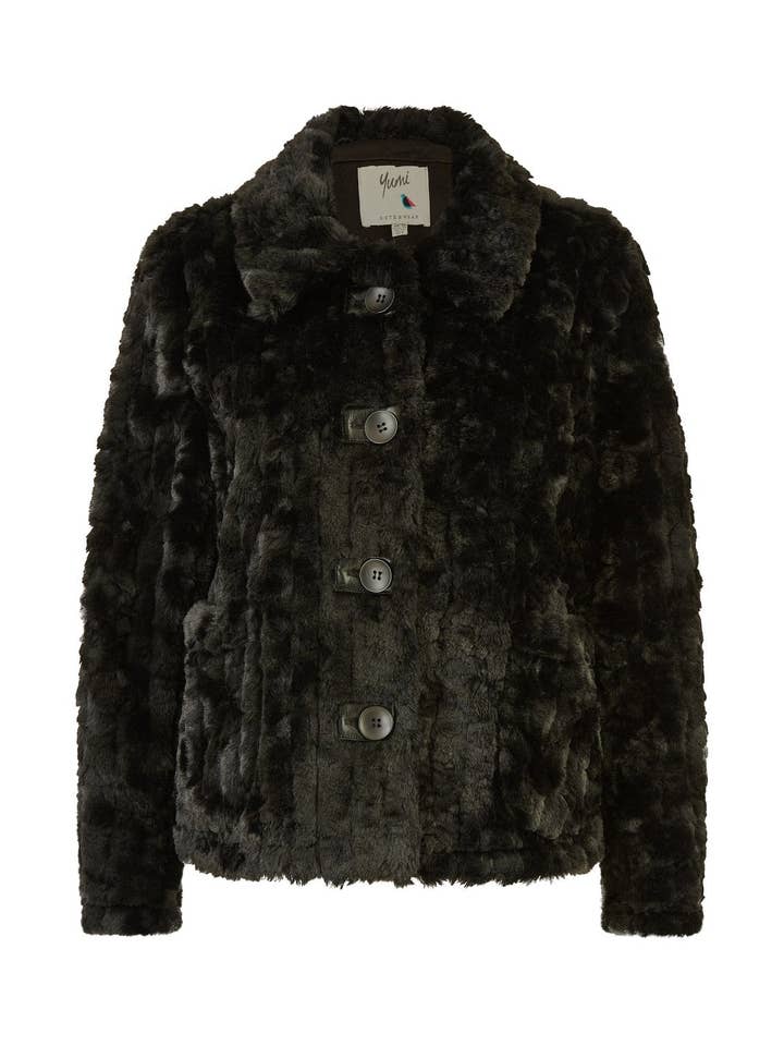 Yumi Black Luxe Textured Faux Fur Jacket With Pockets for wholesale on Faire4