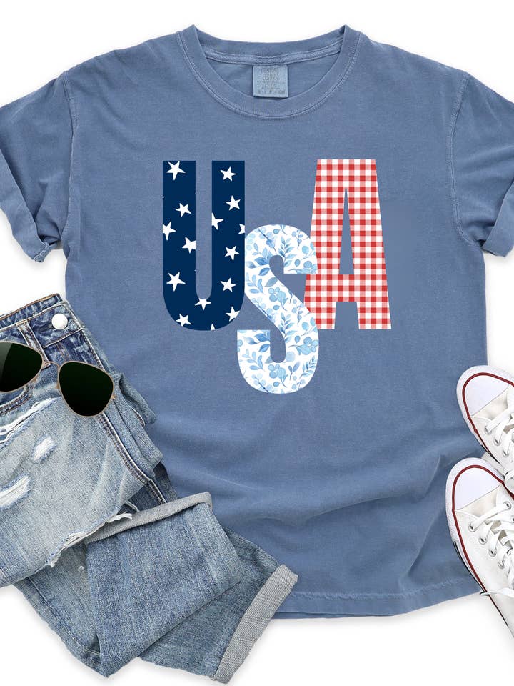 T-shirt Patchwork USA pour la vente par Adelle Linen
